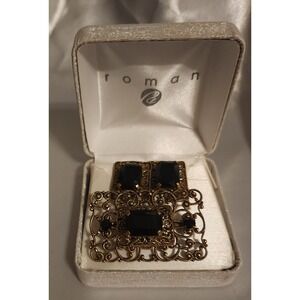 New VTG Roman Victorian Filigree Brooch Earrings Set Black Gold Tone Ornate